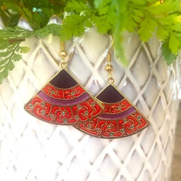 National Palace Museum Fan Earrings Enamel Asian Motif Gold Tone Statement - Picture 2 of 7